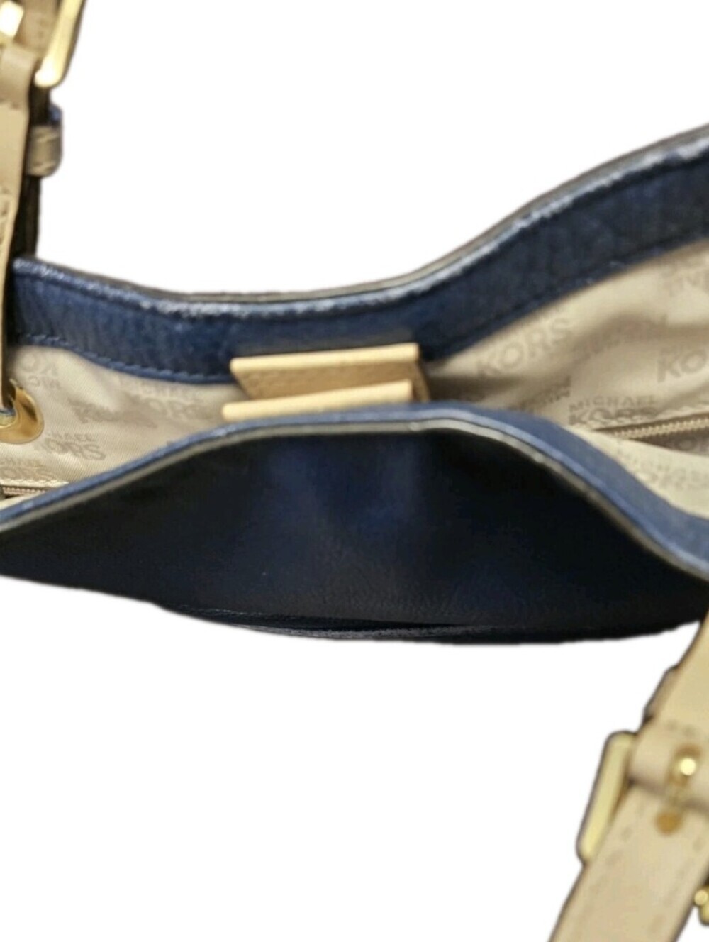 Michael Kors Navy Blue Pebbled Leather Tote Bag Tan Straps Gold Hardware - Picture 8 of 12